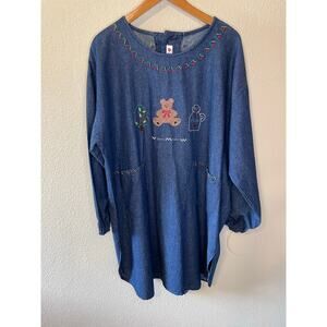 Kuma Heart Denim Long Sleeve Teacher Cottage Core Knee Length Shirt Dress XXL